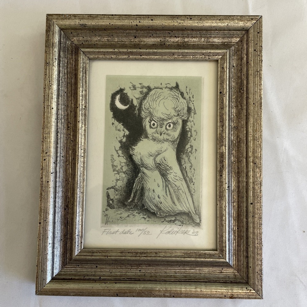 1969 William Kolliker "First Date" Limited Ed Matted Framed Etching Owls‎ 100/52